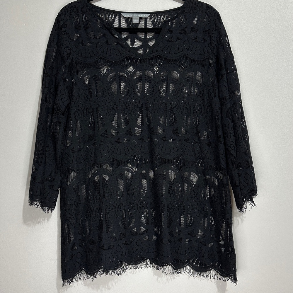 Valerie Stevens Black Sheer Eyelash Fringe Top Size Large - Boho Chic